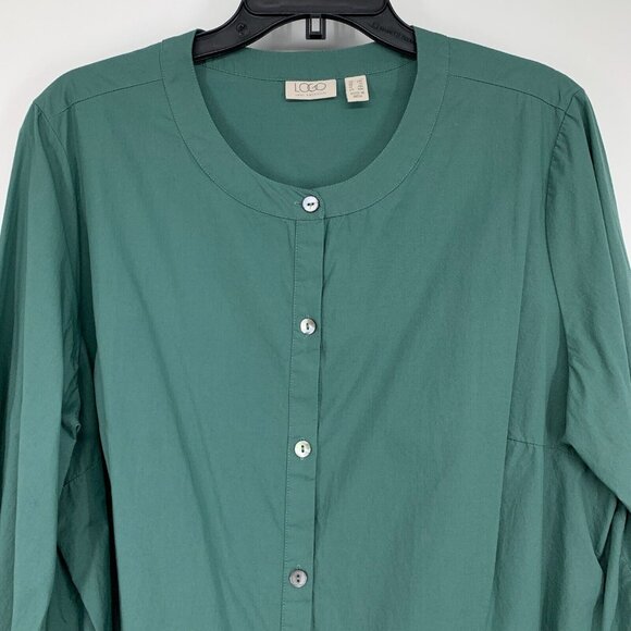 LOGO Lori Goldstein Top Button Front Tunic Roll Tab Waist Seam - Picture 3 of 12